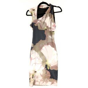 Karen Millen Wiggle Pencil Dress Size 4 Floral Cocktail Asymmetrical Neck
